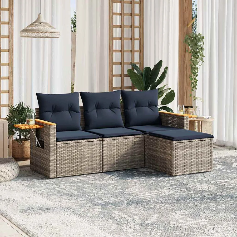 Salon de jardin 4 pcs avec coussins gris résine tressée