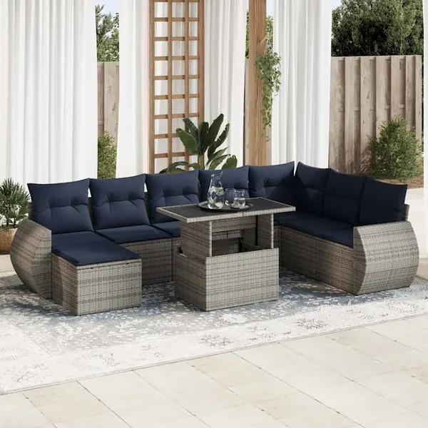 Ensemble de canapés de jardin 9 pcs et coussins rotin acacia