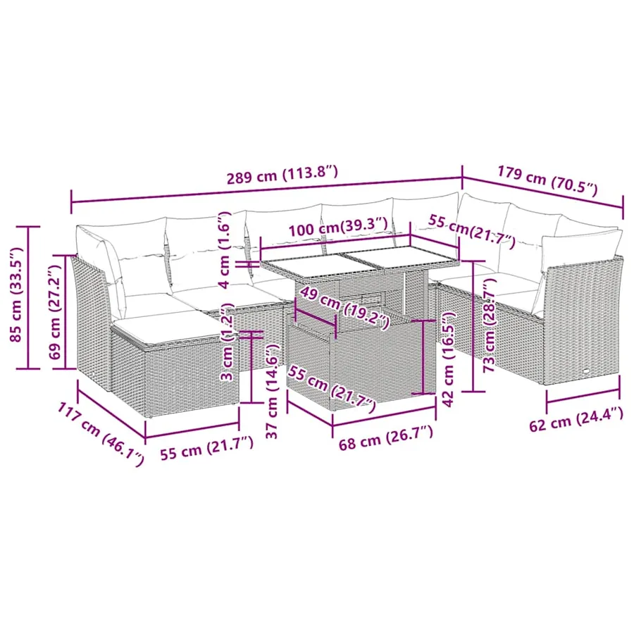 Salon de jardin avec coussins 9 pcs gris résine tressée acacia - 13
