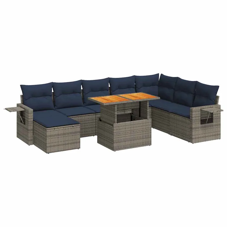 Salon de jardin 9 pcs avec coussins gris résine tressée - 2