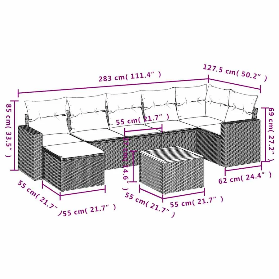 Ensemble de canapé de jardin 8 pcs avec coussins gris résine tressée - 14