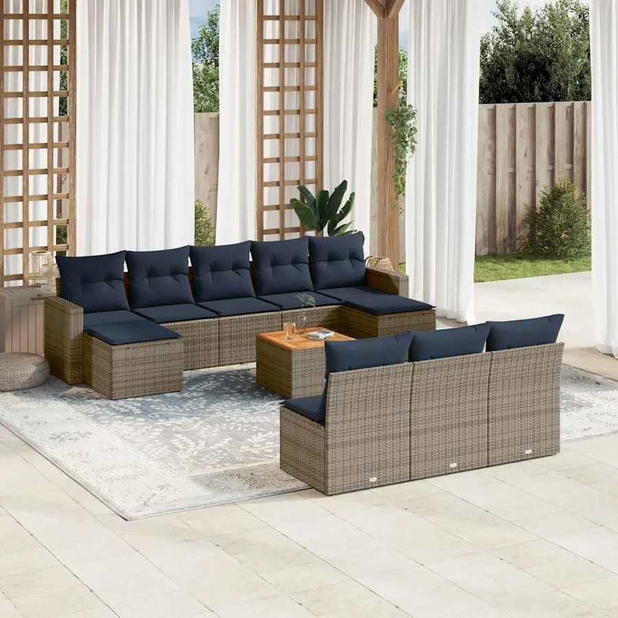 Ensemble de canapé de jardin 11 pcs avec coussins gris résine tressée