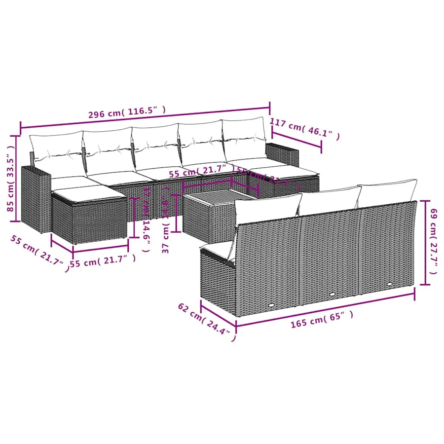 Ensemble de canapé de jardin 11 pcs avec coussins gris résine tressée - 11