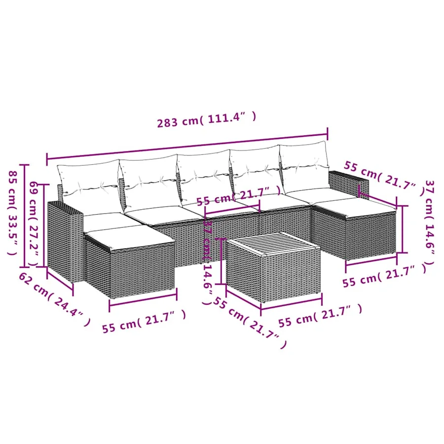 Ensemble de canapé de jardin 8 pcs avec coussins gris résine tressée - 11