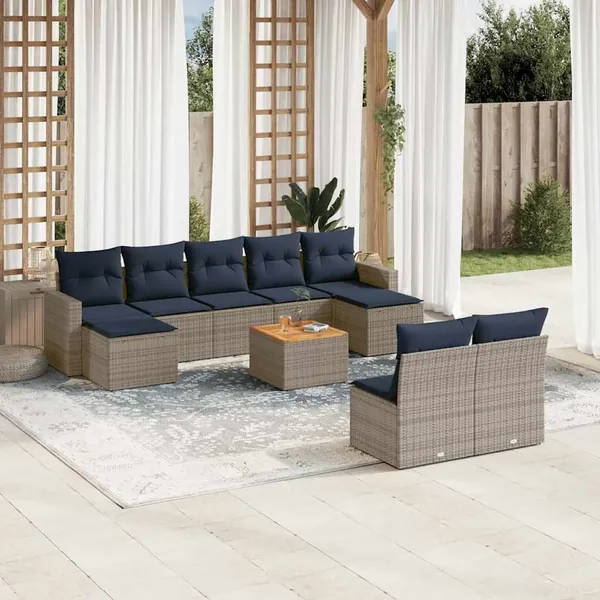 Ensemble de canapé de jardin 10 pcs avec coussins gris résine tressée