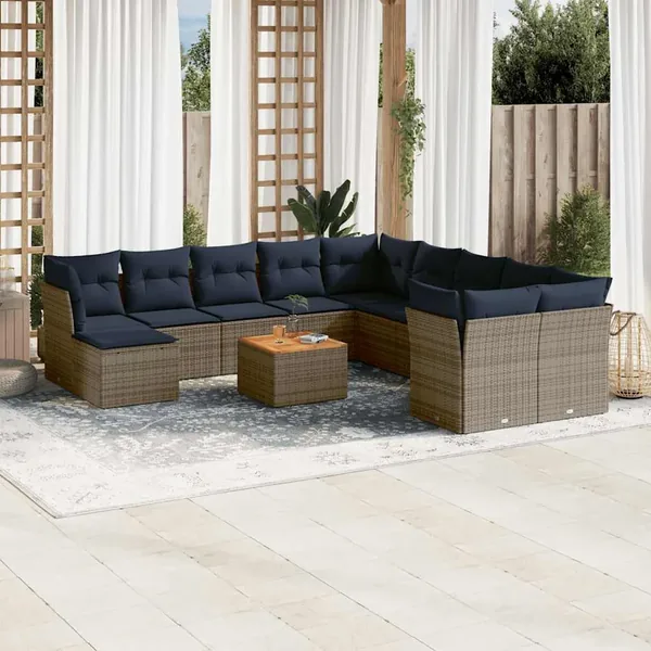 Ensemble de canapé de jardin 12 pcs avec coussins gris résine tressée