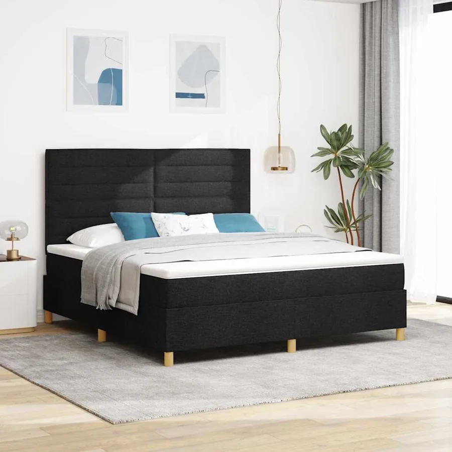 Lit à ressorts avec matelas Noir 180 x 200 cm tissu