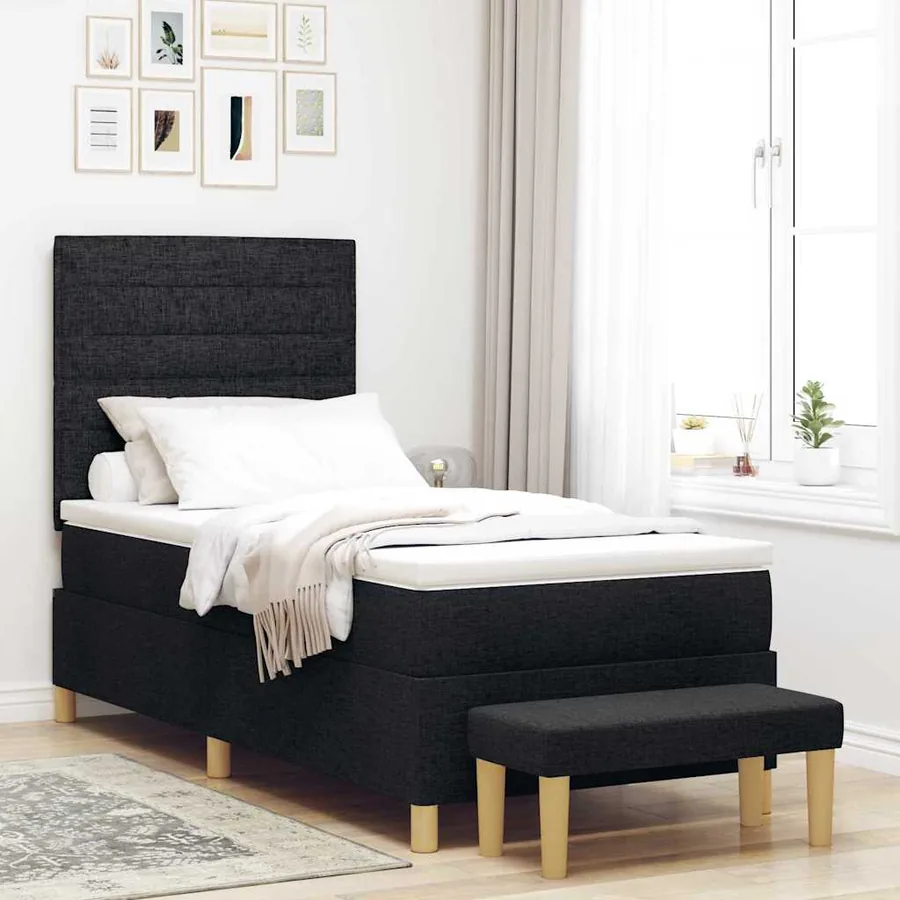 Lit à ressorts avec tête de lit Noir 200 x 90 cm tissu