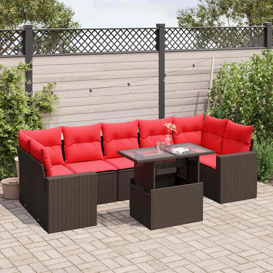 Ensemble de canapé de jardin 8 pcs avec coussins marron résine tressée