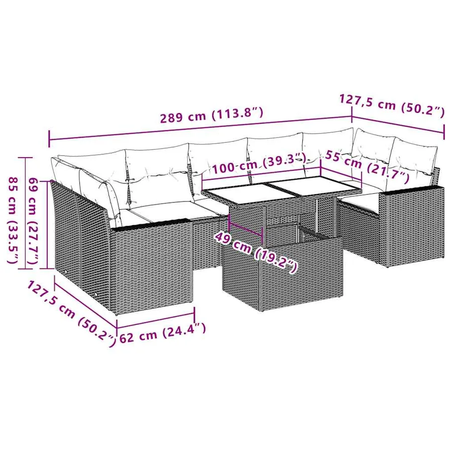 Ensemble de canapé de jardin 8 pcs avec coussins marron résine tressée - 10