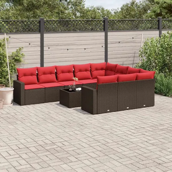 Salon de jardin et coussins 11 pcs marron résine tressée