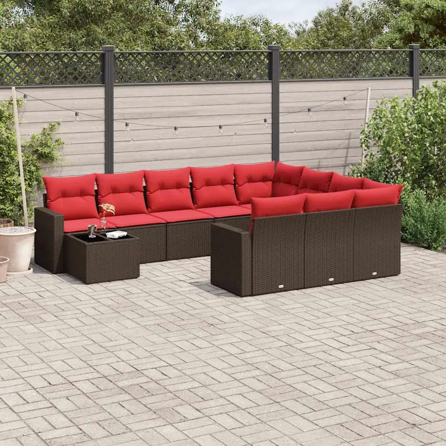 Ensemble de canapé de jardin 11 pcs avec coussins marron résine tressée