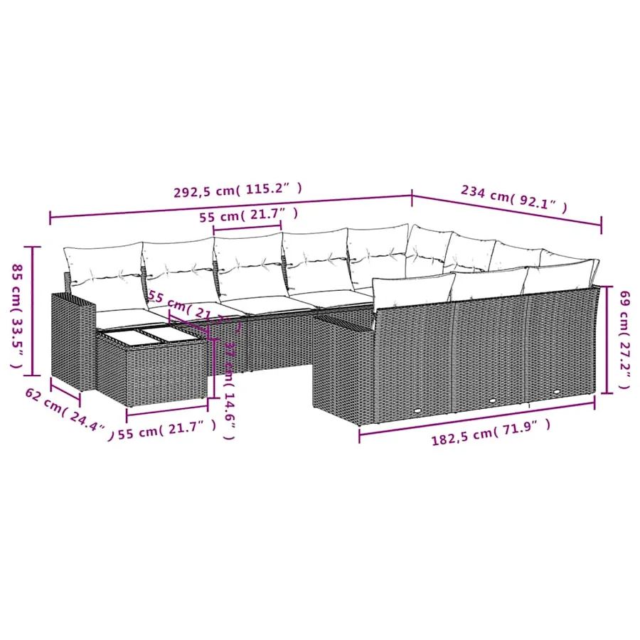 Ensemble de canapé de jardin 11 pcs avec coussins marron résine tressée - 8