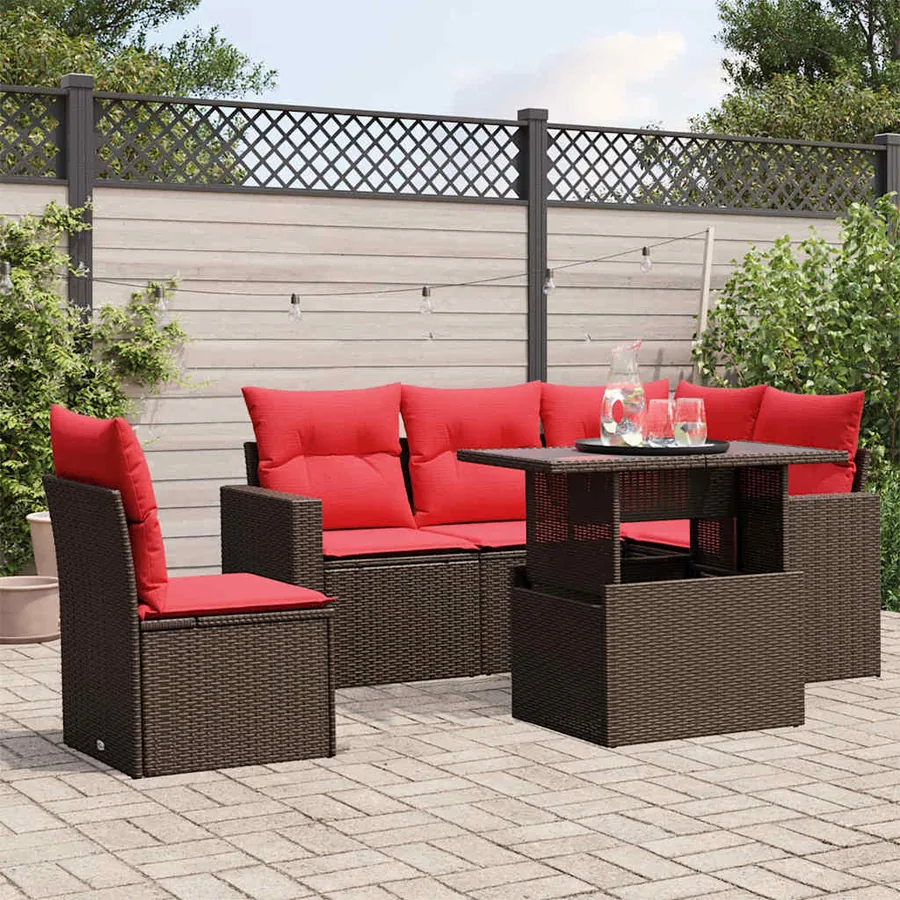 Ensemble de canapé de jardin 6 pcs avec coussins marron résine tressée