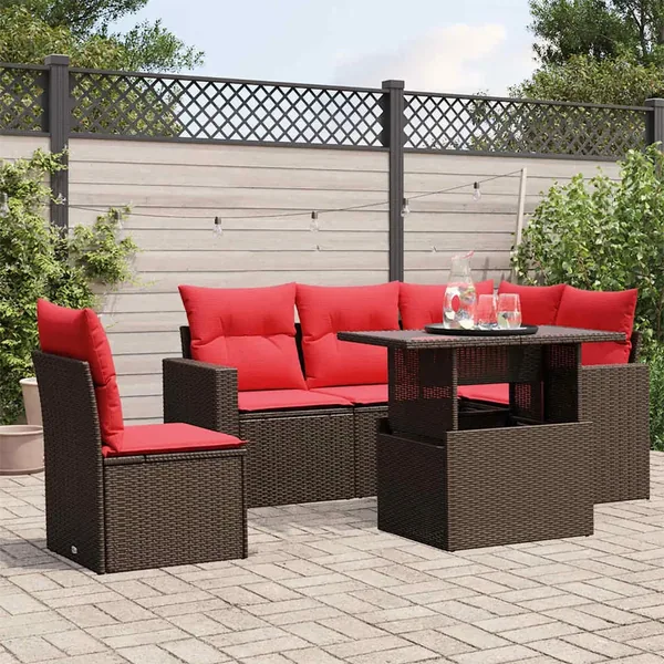 Ensemble de canapé de jardin 6 pcs avec coussins marron résine tressée