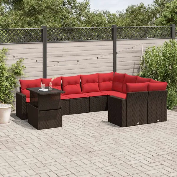 Ensemble de canapé de jardin 10 pcs avec coussins marron résine tressée