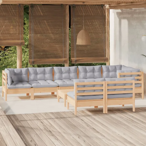 Salon de jardin 9 pcs avec coussins gris bois de pin massif