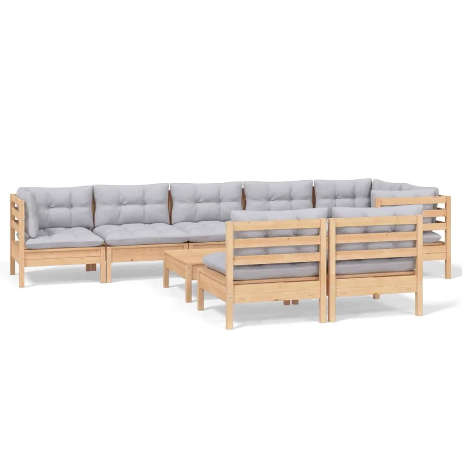 Salon de jardin 9 pcs avec coussins gris bois de pin massif - 2