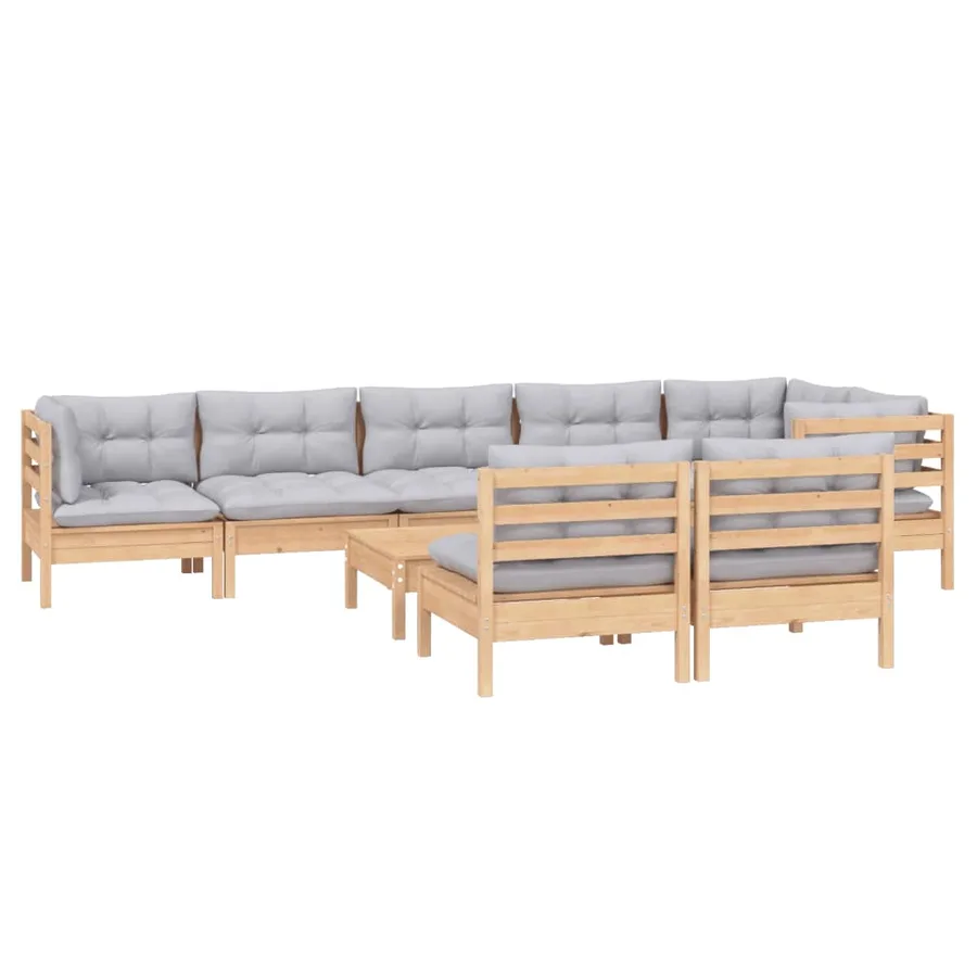 Salon de jardin 9 pcs avec coussins gris bois de pin massif - 3