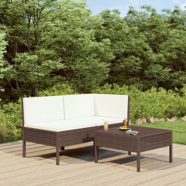 Salon de jardin 3 pcs avec coussins Résine tressée Marron