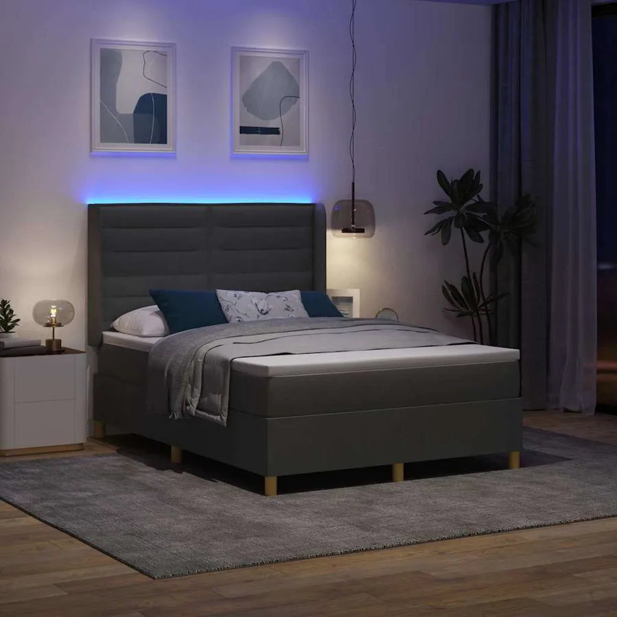 Lit à ressorts avec bandes LED Gris 140 x 190 cm tissu - 5