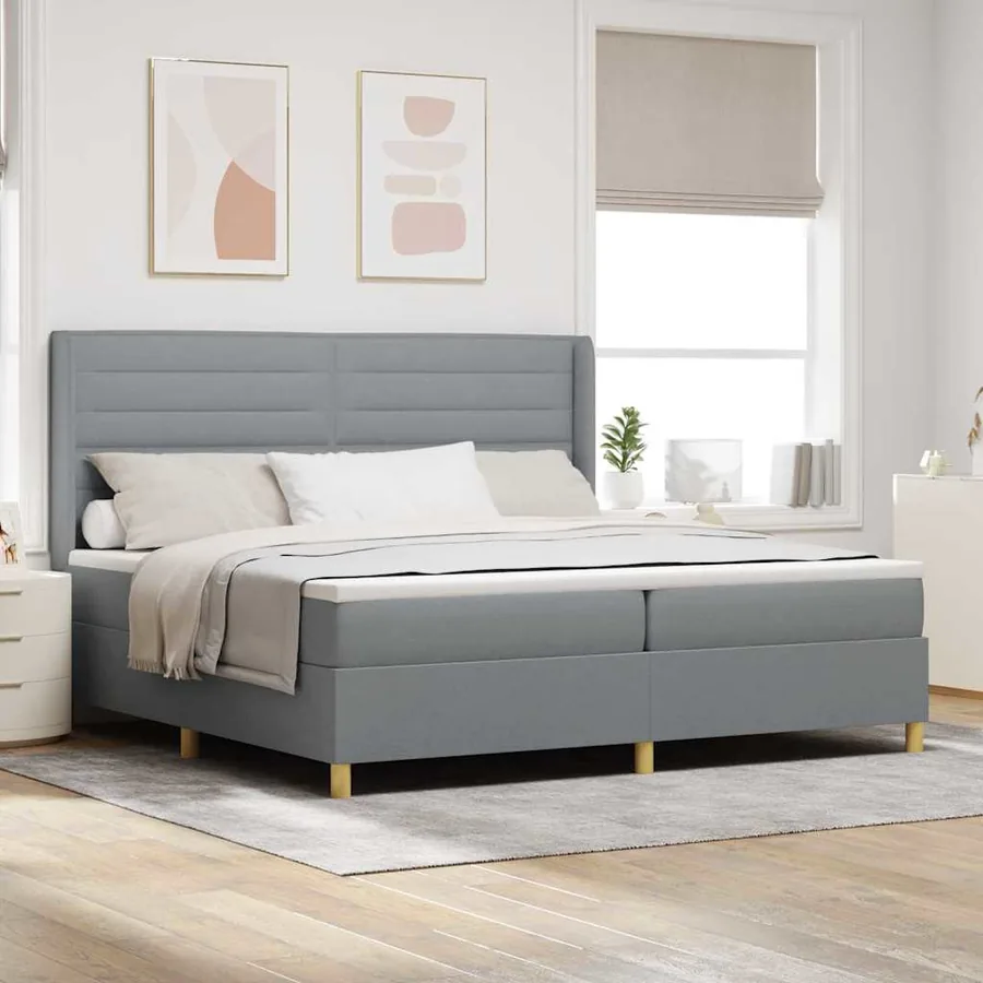 Lit à ressorts avec bandes LED Gris clair 200 x 200 cm tissu
