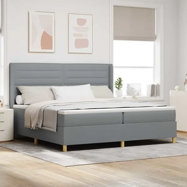 Lit à ressorts avec bandes LED Gris clair 200 x 200 cm tissu