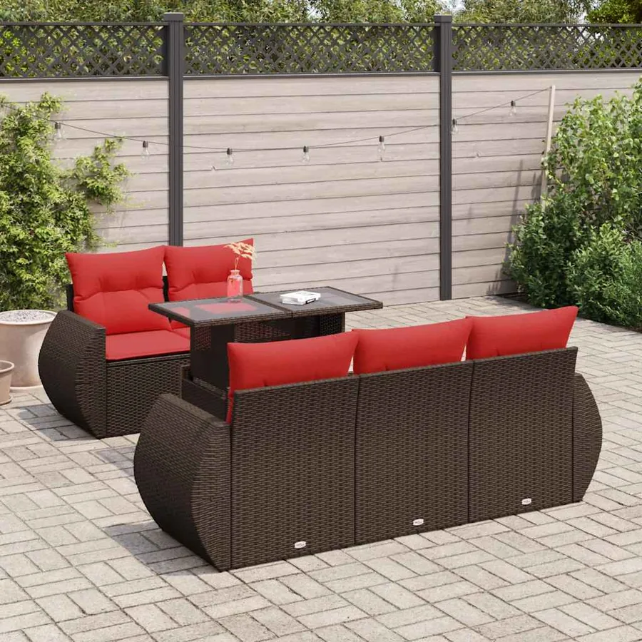 Salon de jardin avec coussins 6pcs marron résine tressée acacia