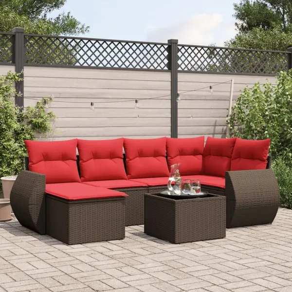 Ensemble de canapé de jardin 7 pcs avec coussins marron résine tressée