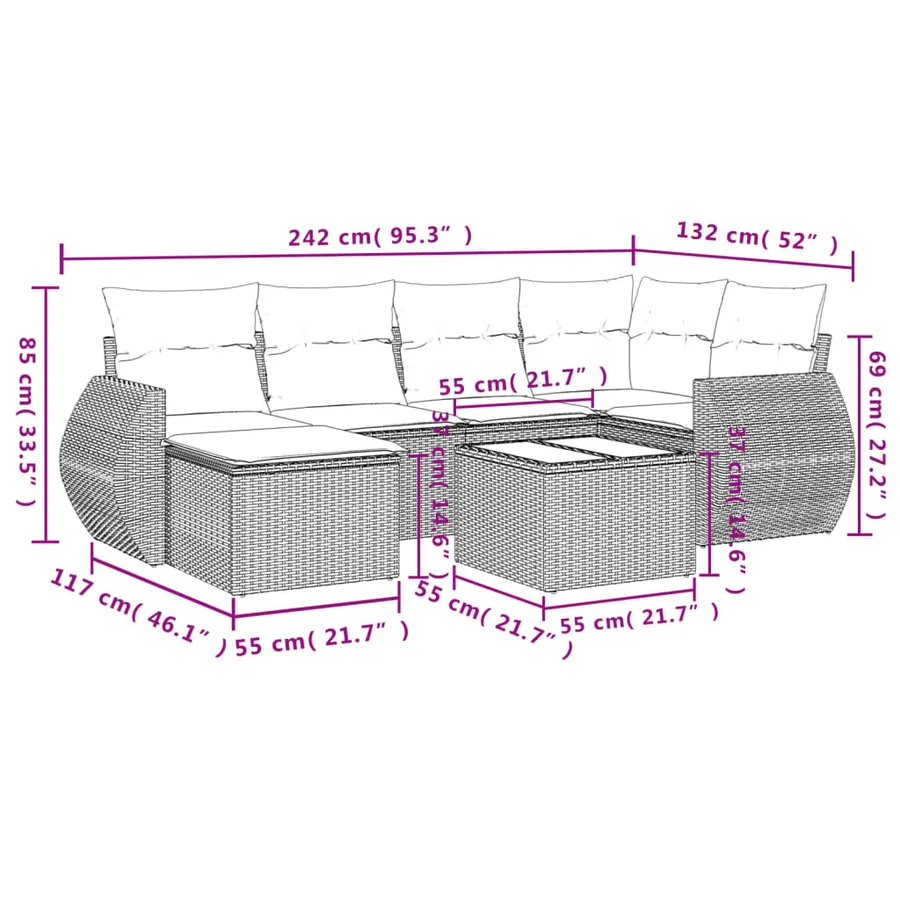 Ensemble de canapé de jardin 7 pcs avec coussins marron résine tressée - 9