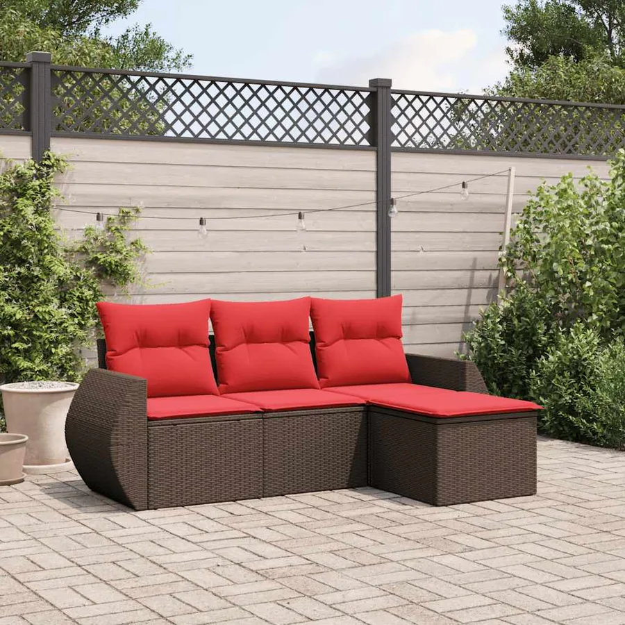 Ensemble de canapé de jardin 4 pcs avec coussins marron résine tressée