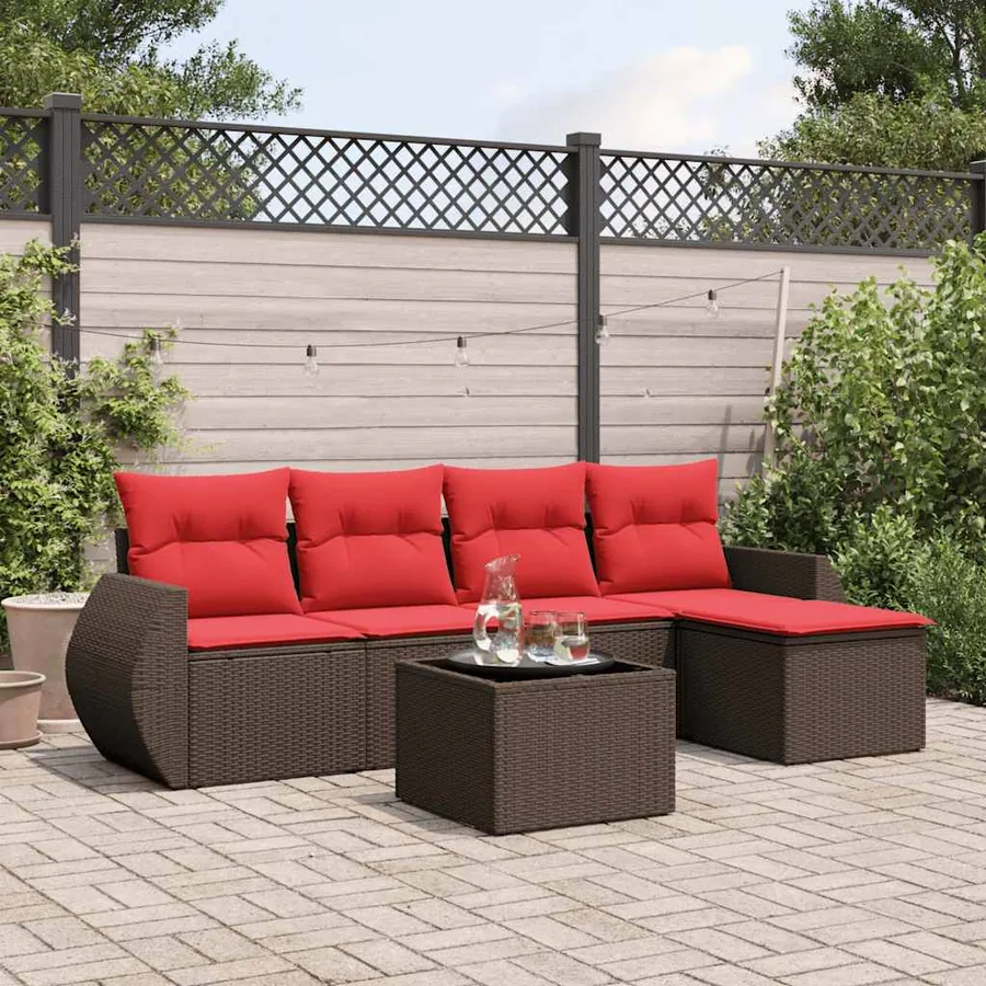 Ensemble de canapé de jardin 6 pcs avec coussins marron résine tressée