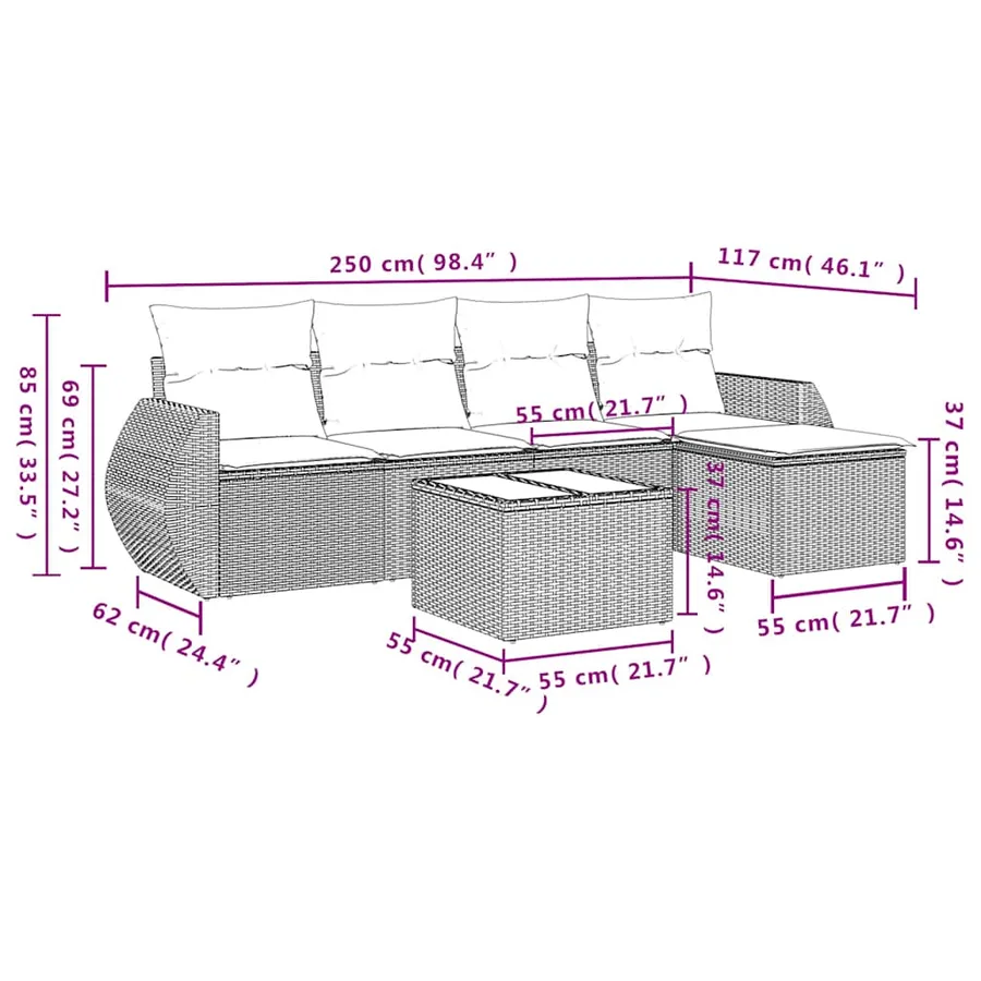 Ensemble de canapé de jardin 6 pcs avec coussins marron résine tressée - 8