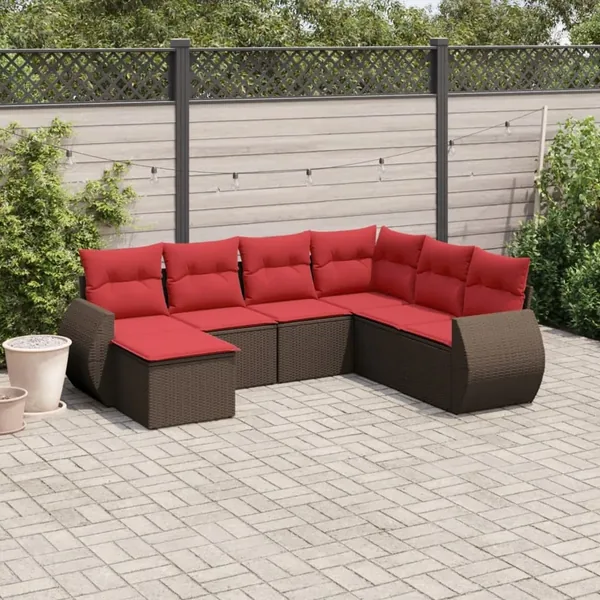 Ensemble de canapé de jardin 7 pcs avec coussins marron résine tressée