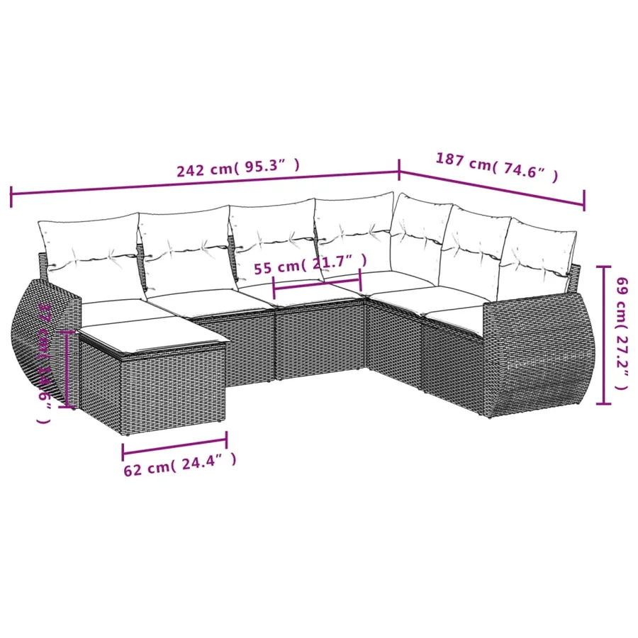 Ensemble de canapé de jardin 7 pcs avec coussins marron résine tressée - 8