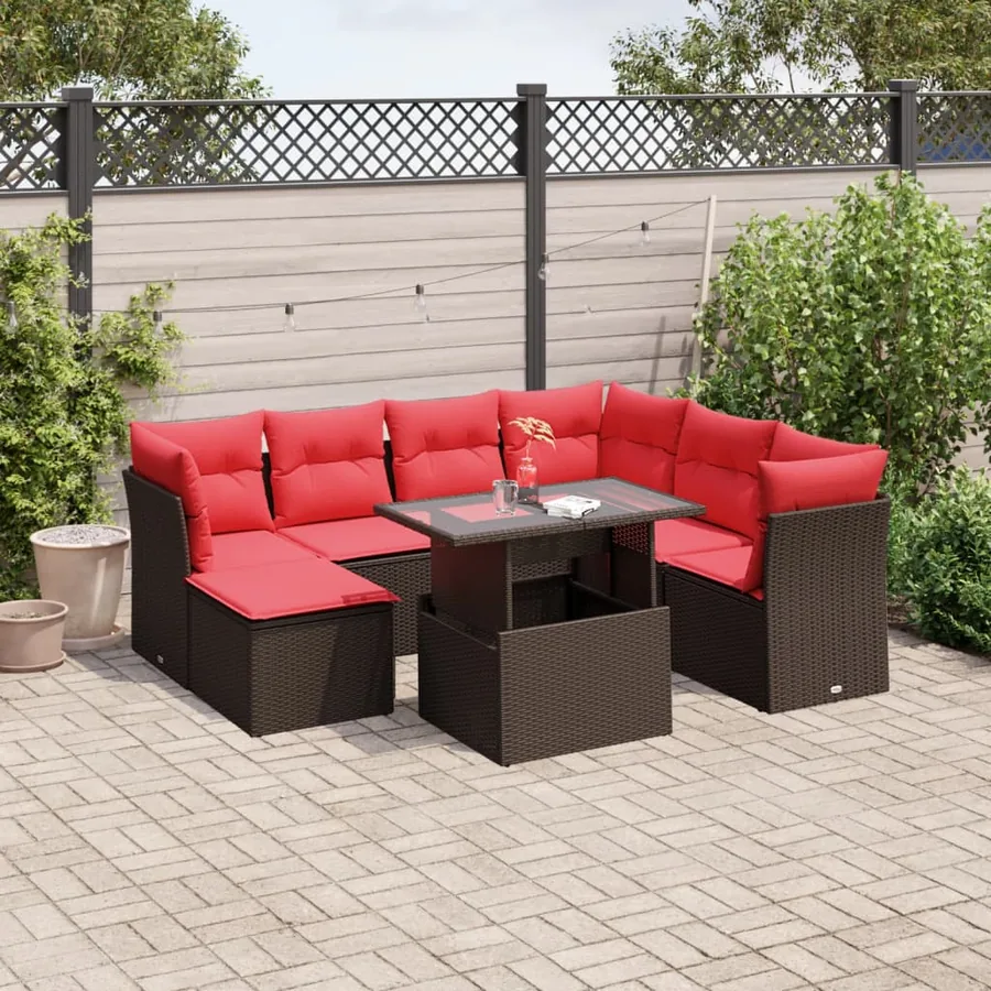 Ensemble de canapé de jardin 8 pcs avec coussins marron résine tressée