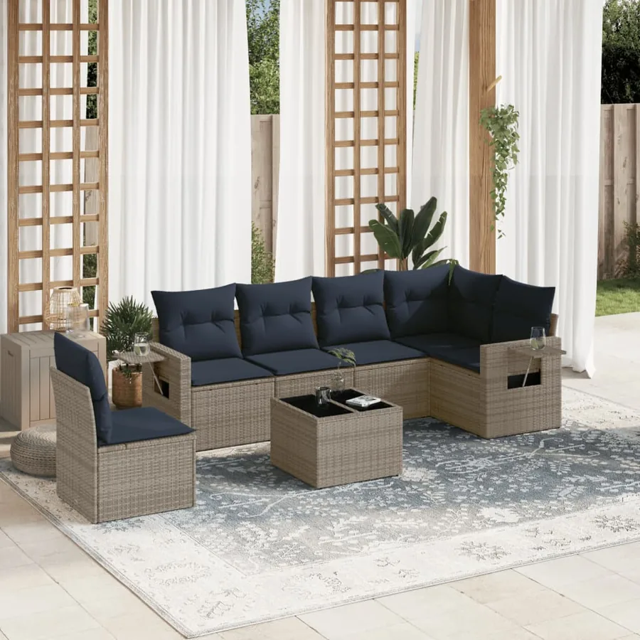 Ensemble de canapé de jardin 7 pcs avec coussins gris résine tressée