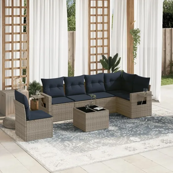 Ensemble de canapé de jardin 7 pcs avec coussins gris résine tressée