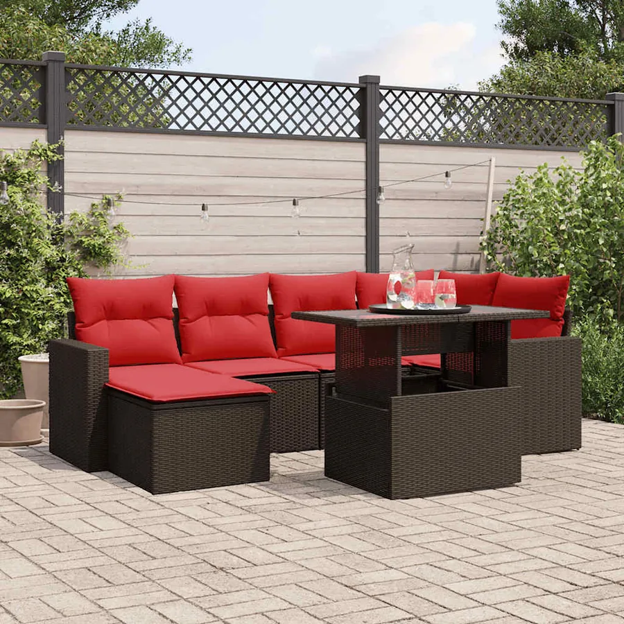 Ensemble de canapé de jardin 7 pcs avec coussins marron résine tressée