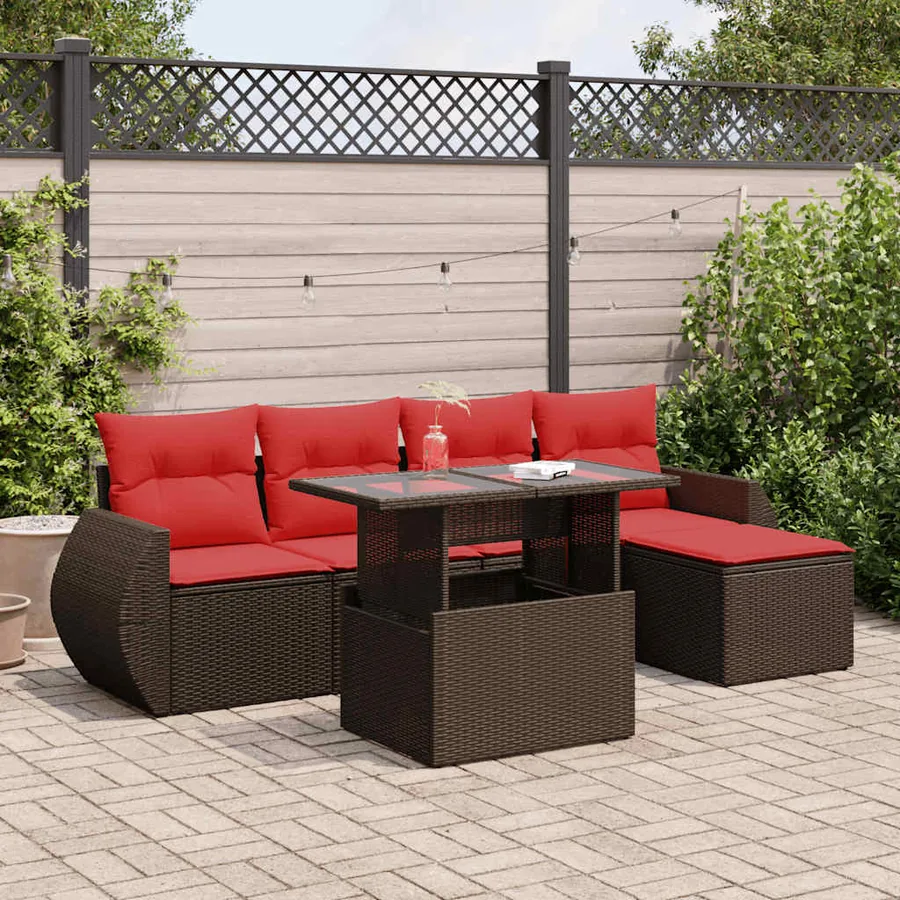 Salon de jardin avec coussins 6pcs marron résine tressée acacia