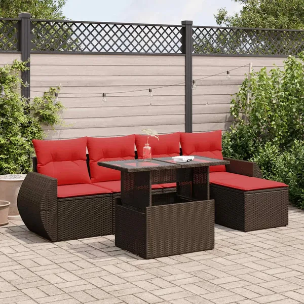 Salon de jardin avec coussins 6pcs marron résine tressée acacia