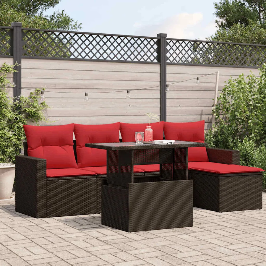 Ensemble de canapé de jardin 6 pcs avec coussins marron résine tressée