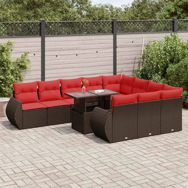 Salon de jardin et coussins 11 pcs marron résine tressée acacia