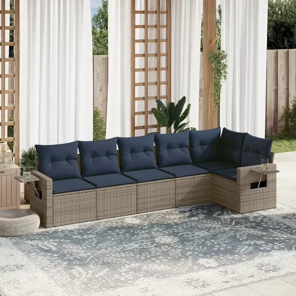 Ensemble de canapé de jardin 7 pcs avec coussins gris résine tressée