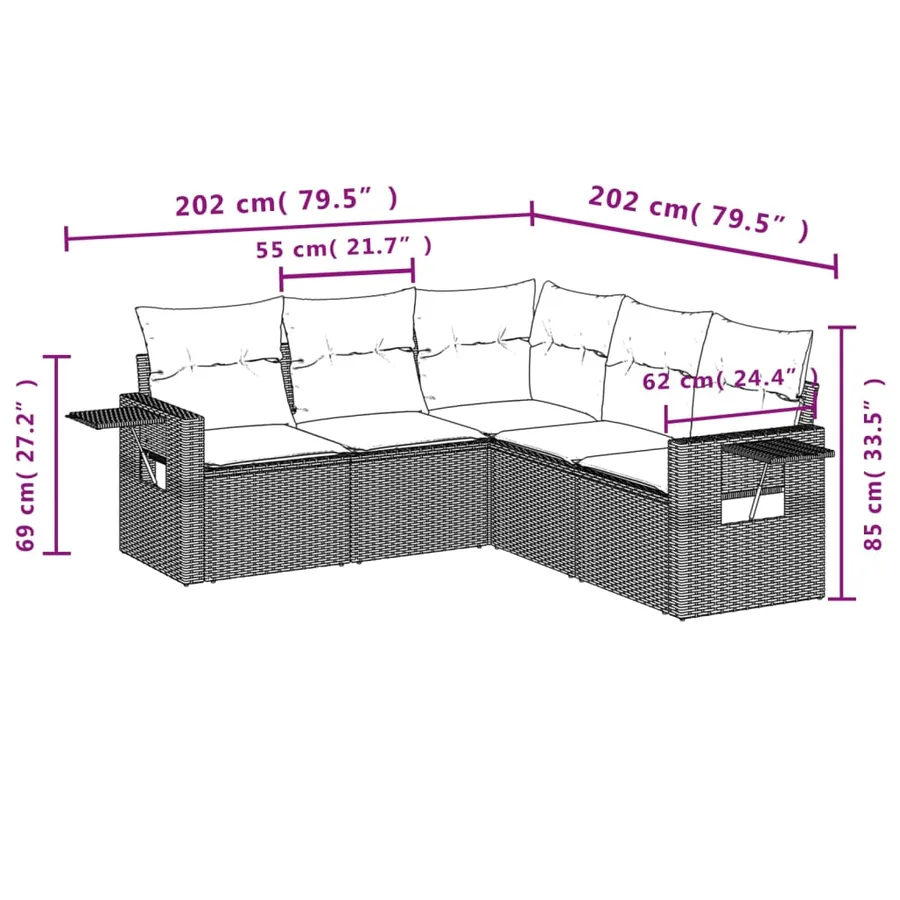 Ensemble de canapé de jardin 5 pcs avec coussins gris résine tressée - 8
