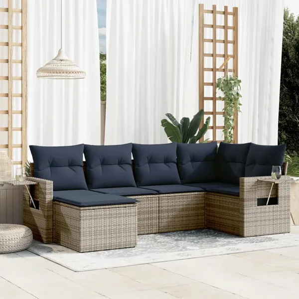 Ensemble de canapé de jardin 6 pcs avec coussins gris résine tressée