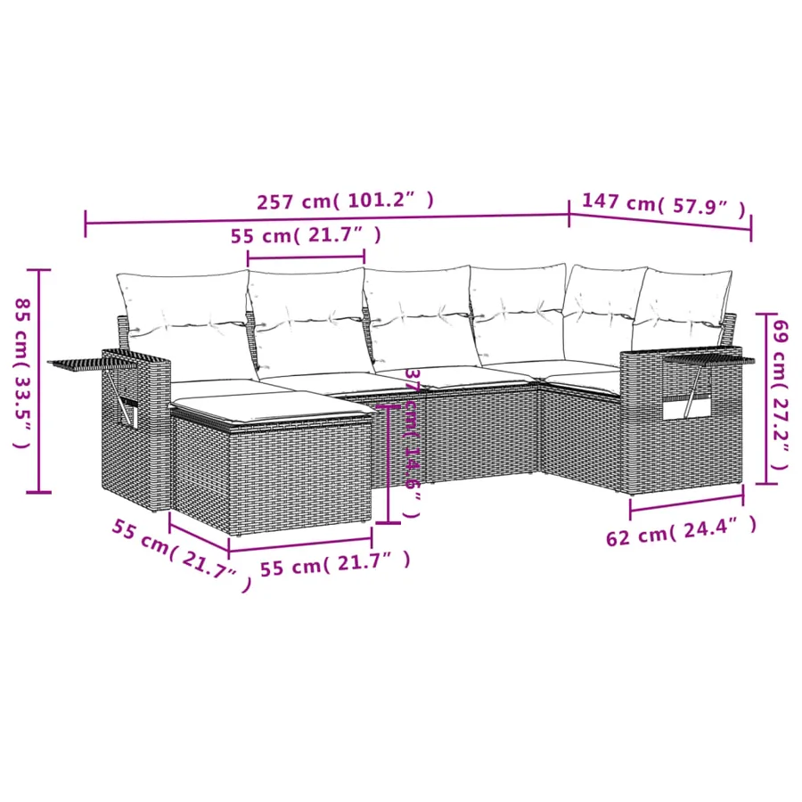Ensemble de canapé de jardin 6 pcs avec coussins gris résine tressée - 9