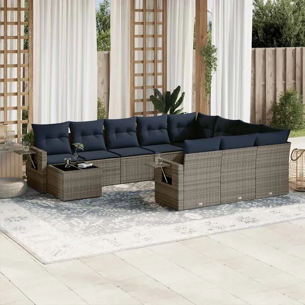 Ensemble de canapé de jardin 11 pcs avec coussins gris résine tressée