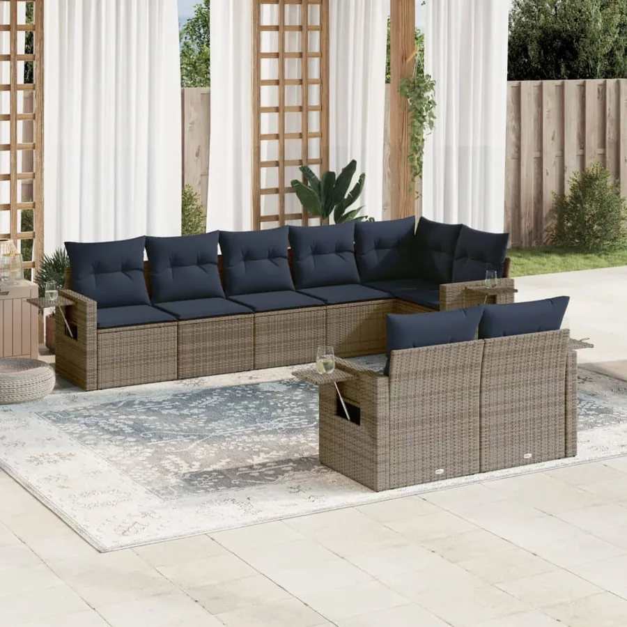 Ensemble de canapé de jardin 8 pcs avec coussins gris résine tressée