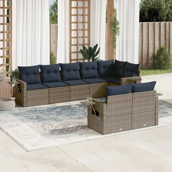 Ensemble de canapé de jardin 8 pcs avec coussins gris résine tressée